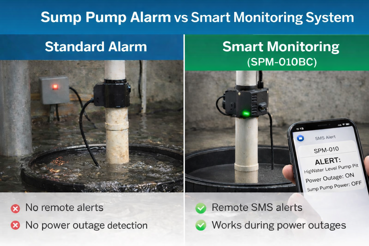 sump pump alarm vs smart monitoring system with SPM-010 SMS alert during high water level