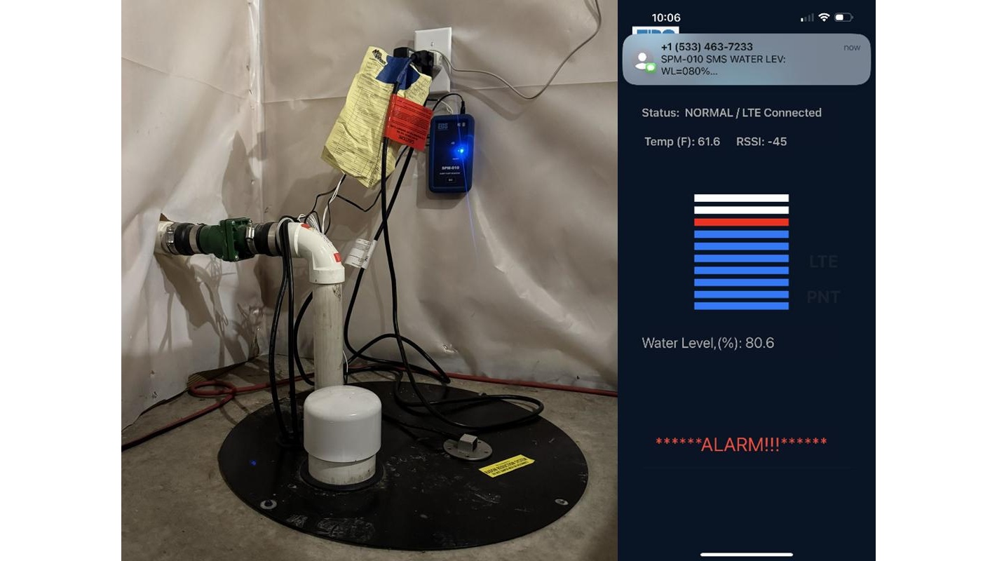 SPM-010BC sump pump monitor showing installation and SMS alert notification during high water level